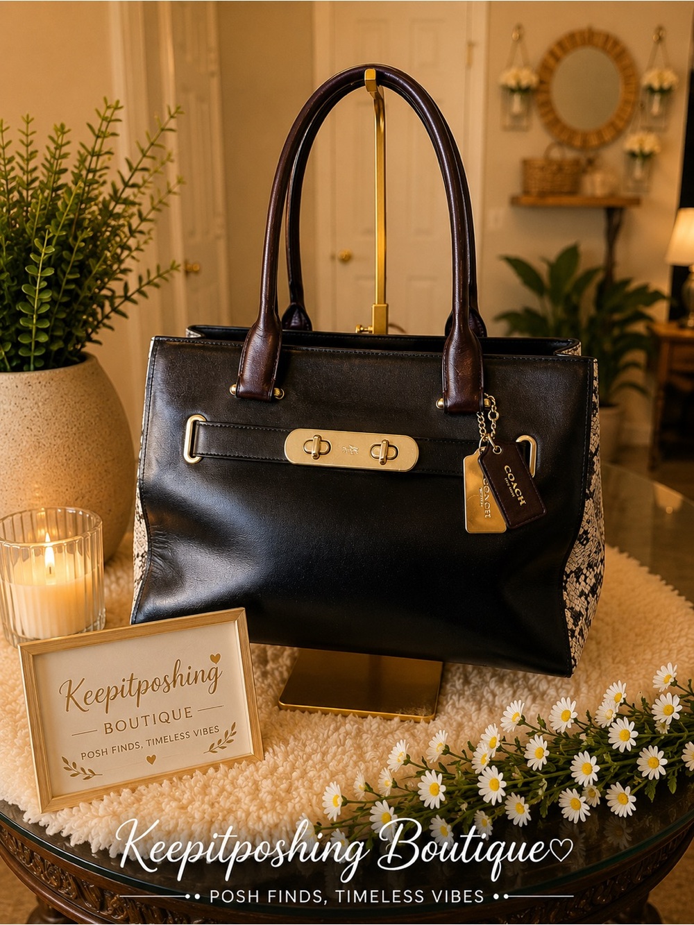 COACH swagger Black Leather Satchel with Brown Handles and Gold Hardware
